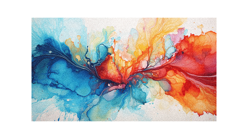 A watercolor painting with blue, orange, and red splashes.