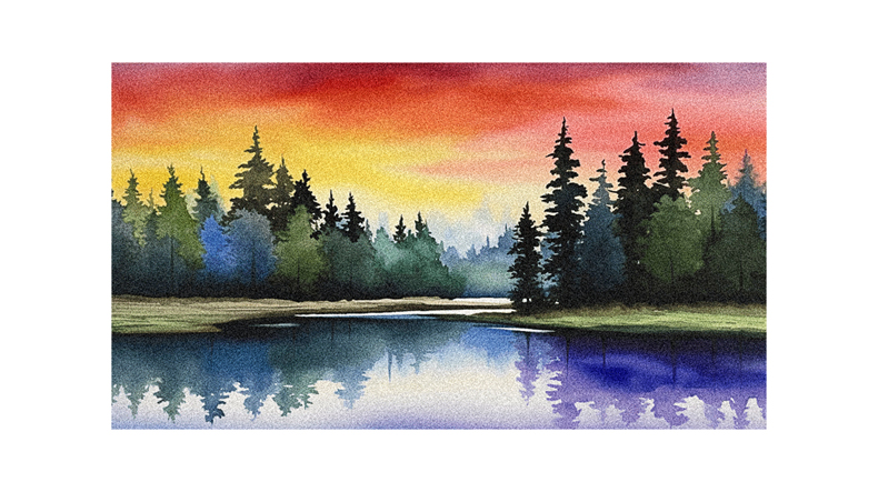 A watercolor painting of a lake with trees and a sunset.
