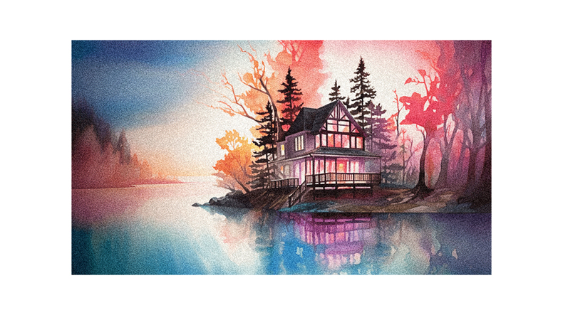 A painting of a house on a lake.