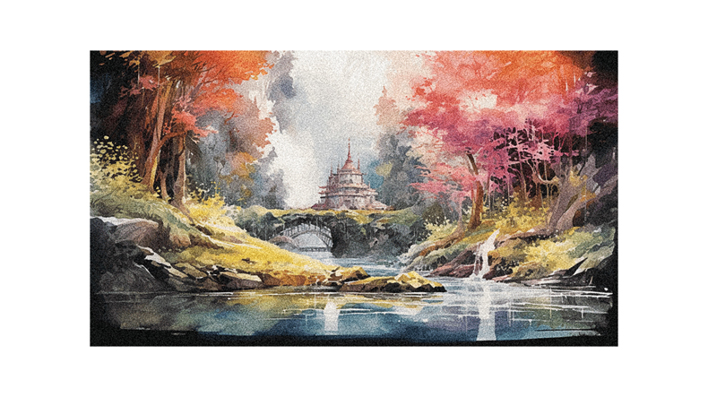 A watercolor painting of a waterfall and a buddhist temple.