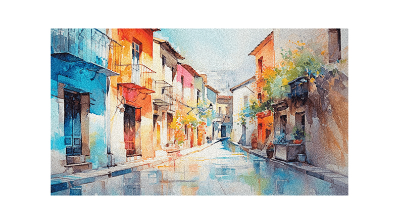 A watercolor painting of a street with colorful buildings.