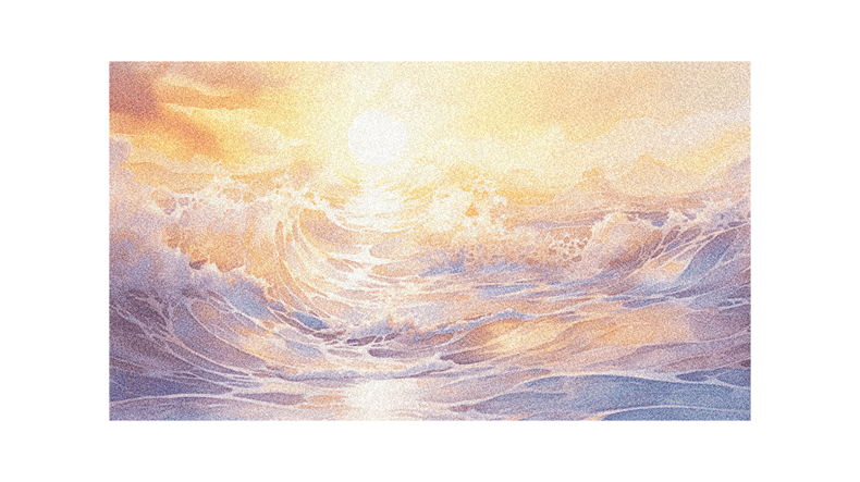 A watercolor painting of a sunset over the ocean.