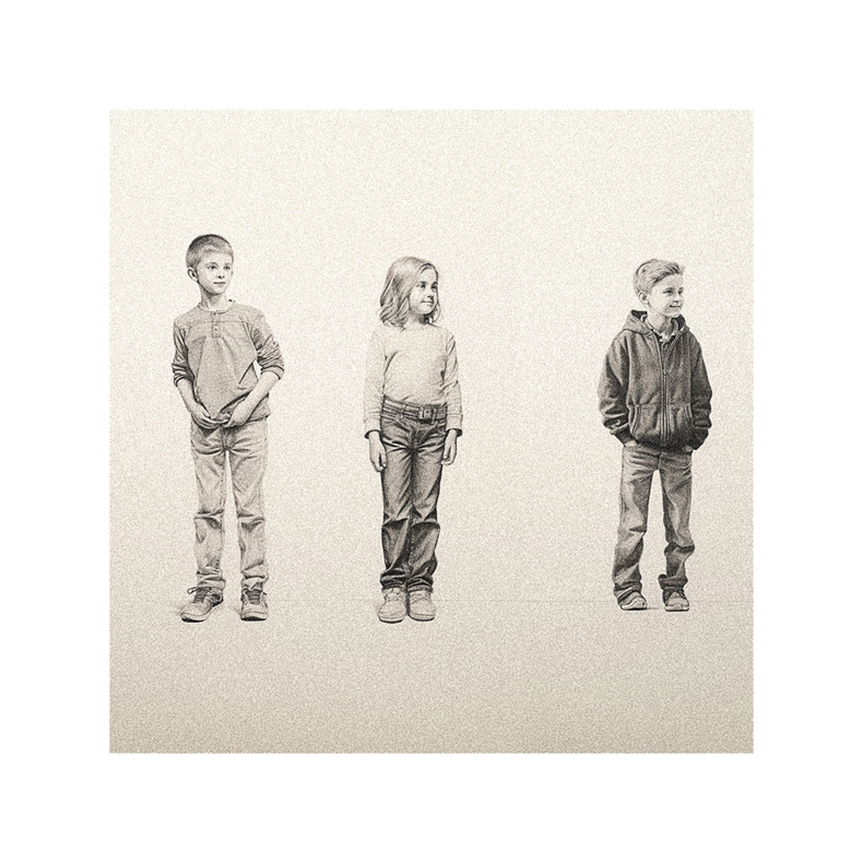 A drawing of three children standing next to each other.