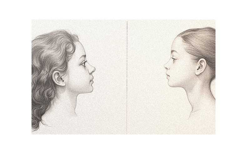 A drawing of a girl and a boy side by side.