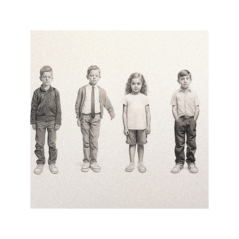 A drawing of a group of children standing next to each other.