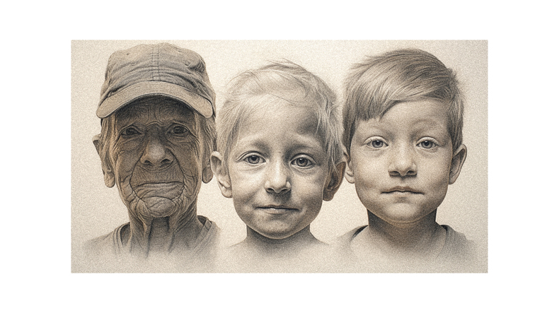 A drawing of an old man, a boy and a girl.