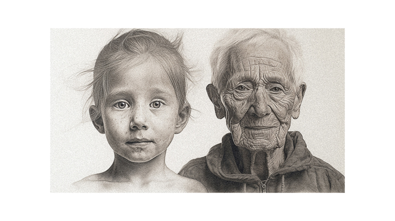 A drawing of an old woman and a little girl.