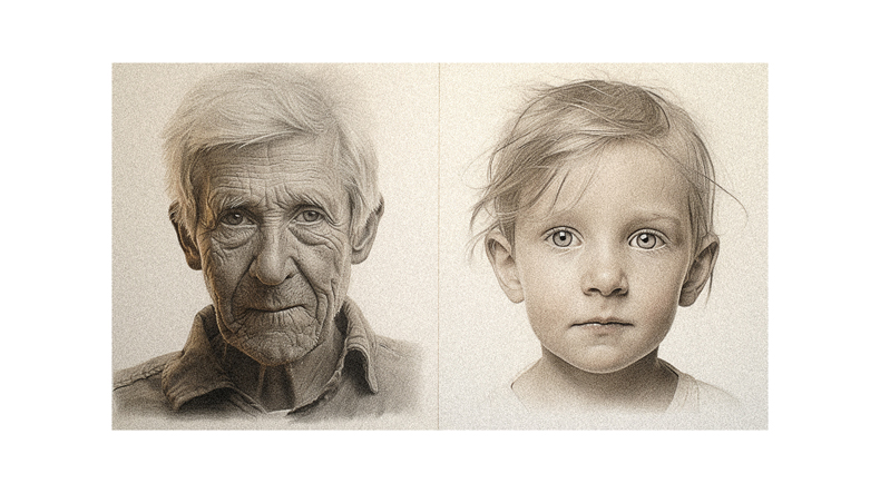 A drawing of an old man and a little girl.