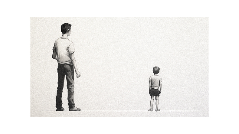 A drawing of a man and a child standing next to each other.
