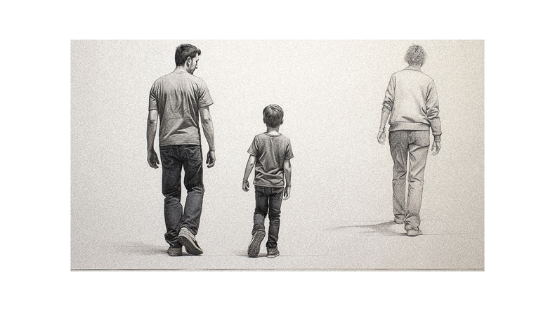 A drawing of a man and a child walking down the street.