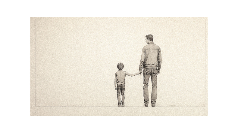 A drawing of a father and son holding hands.
