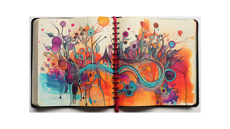 A colorful journal with a colorful painting on it.