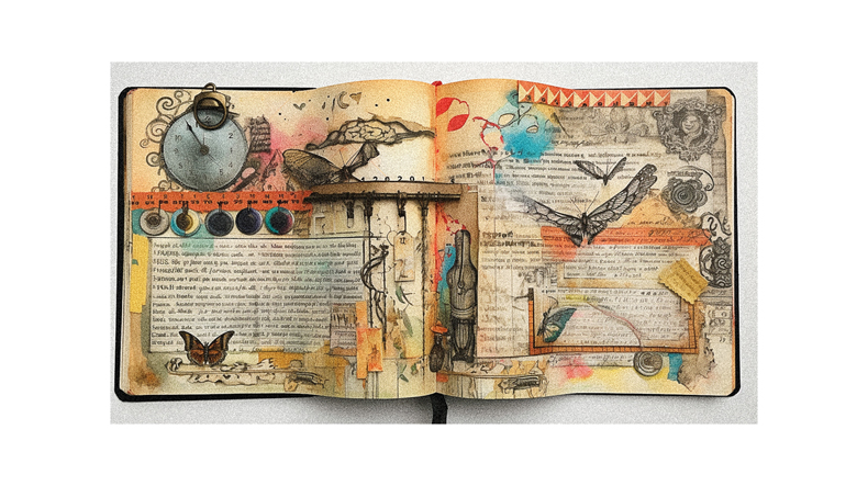 A journal with a bird and other things on it.