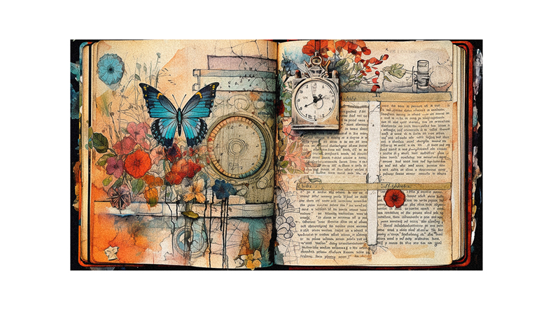 An open book with butterflies, flowers and a clock.