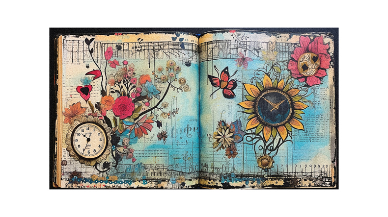 An open book with flowers and a clock.