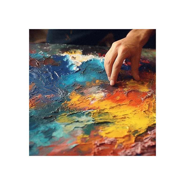 A person's hand is touching a colorful painting on a canvas.