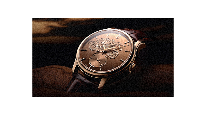 A watch with a brown leather strap and a dark background.