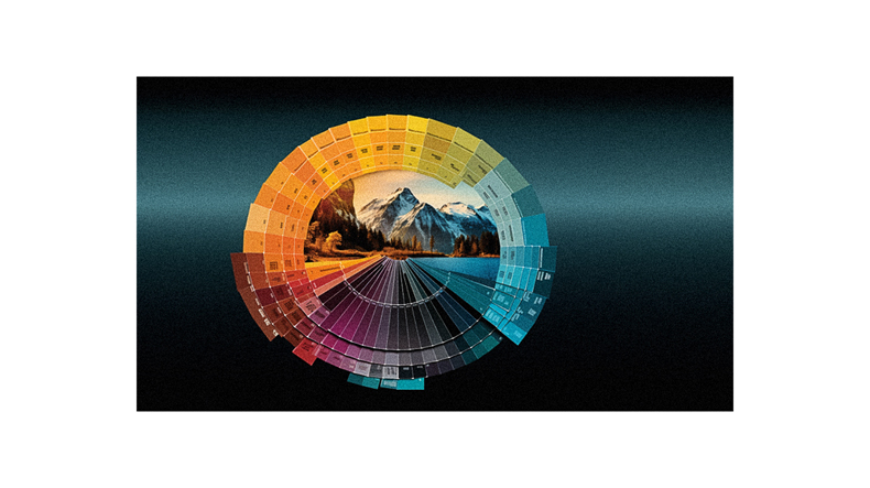 An image of a colorful circle with mountains in the background.