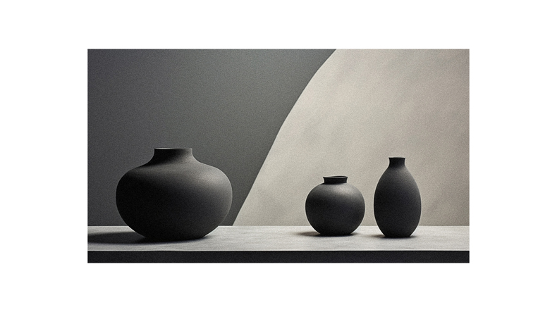 Three black vases sitting on a table in front of a gray wall.