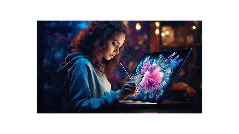 A woman is drawing on a laptop at night.