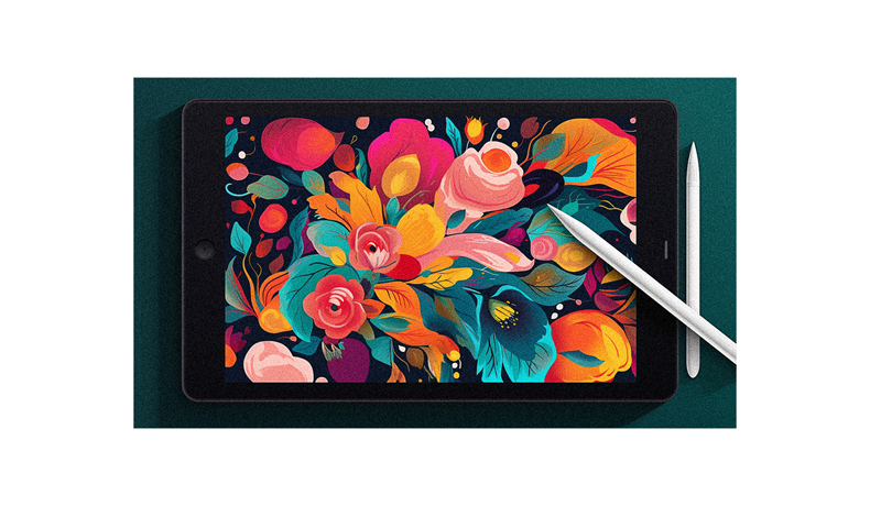 An ipad pro with colorful flowers on it.