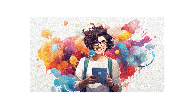 An illustration of a woman holding a tablet with colorful splatters.