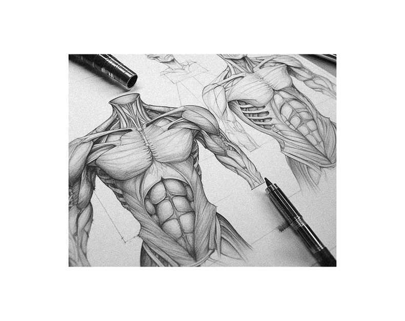 A drawing of a human torso with a pen and pencil.