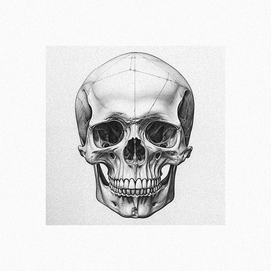 A drawing of a skull in black and white.
