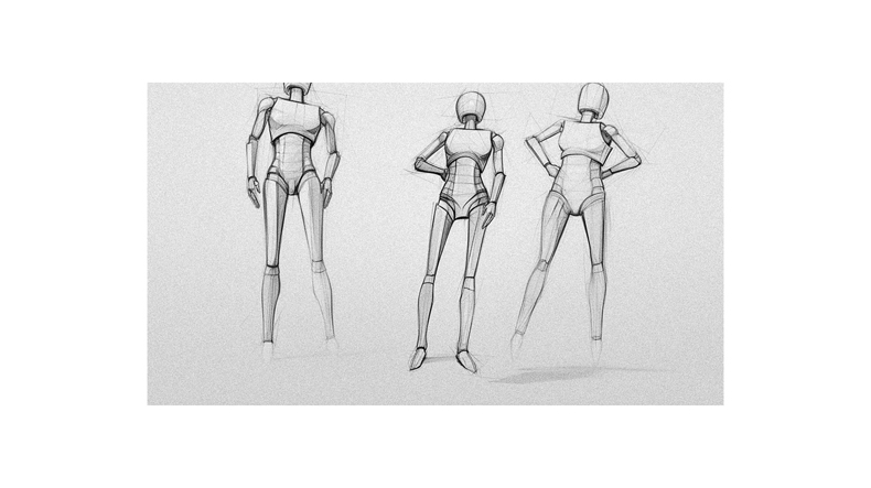 A sketch of three mannequins standing next to each other.