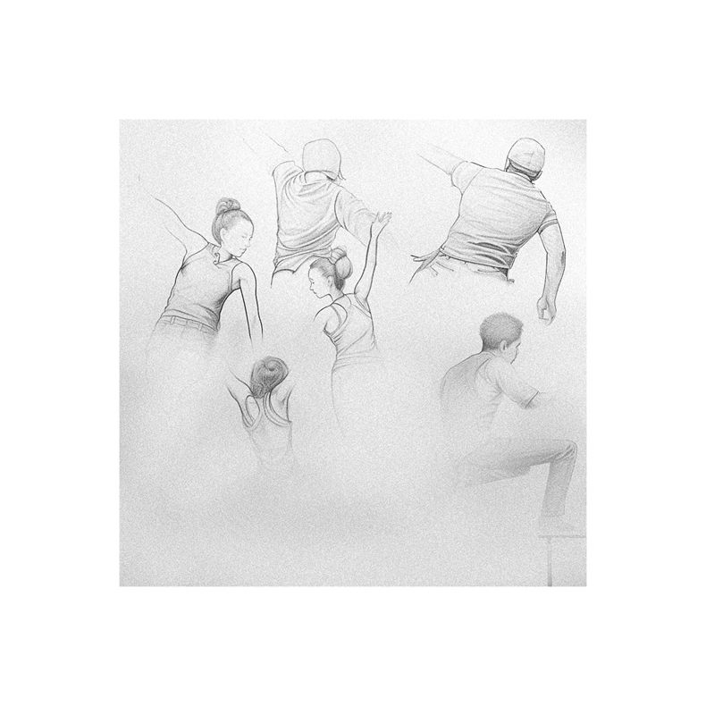 A drawing of a group of people in motion.