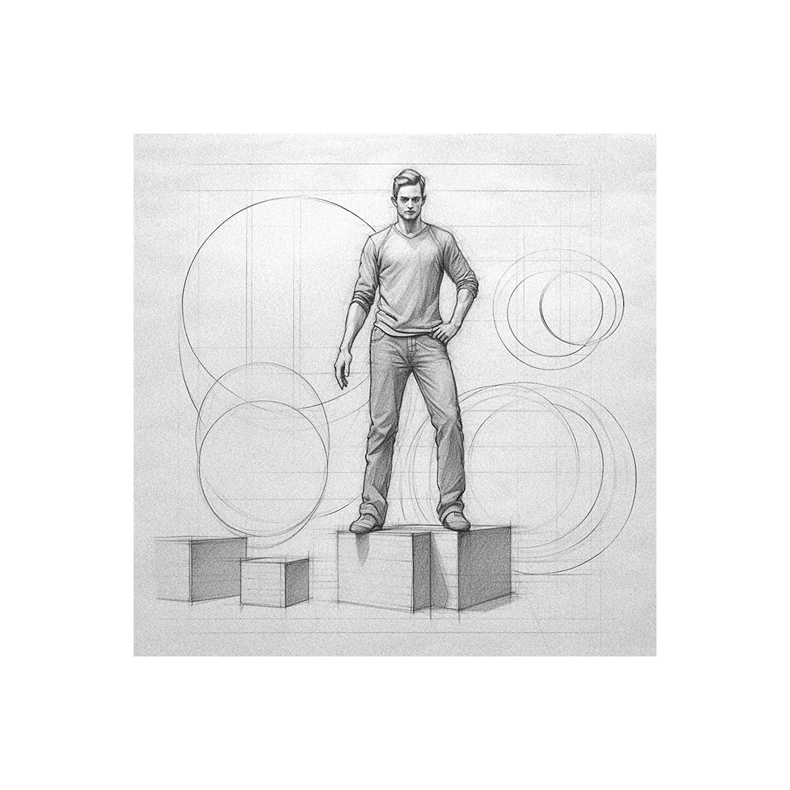A drawing of a man standing on a set of cubes.