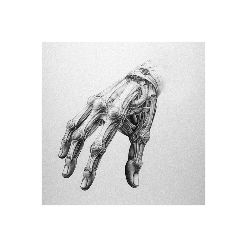 A black and white drawing of a skeleton hand.