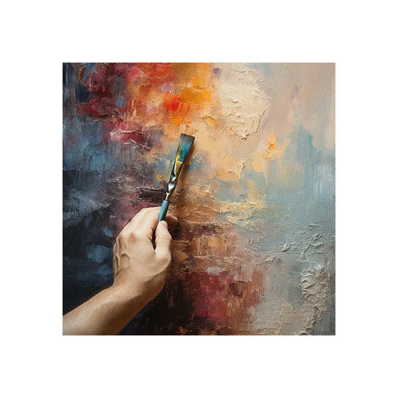 A hand holding a paint brush on a painting.