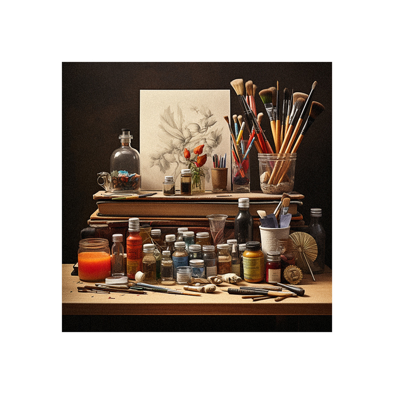 A table with a variety of art supplies on it.