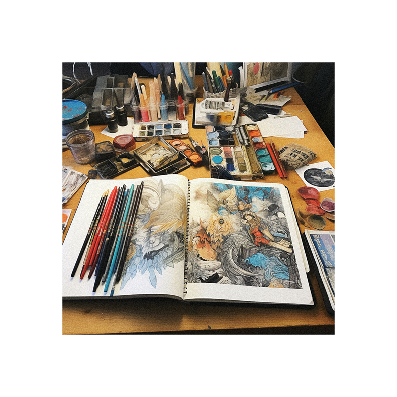 An open book of art supplies on a table.