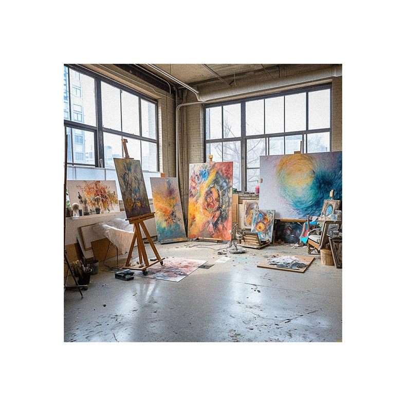 An art studio with paintings on easels and easels.