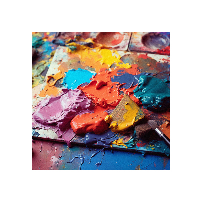 An artist's palette with paint and brushes on it.