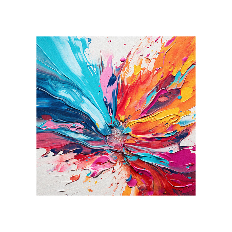 An abstract painting of colorful paint splatters.