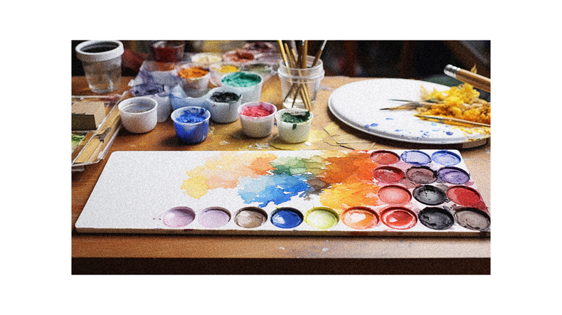 An artist's palette and paints on a table.