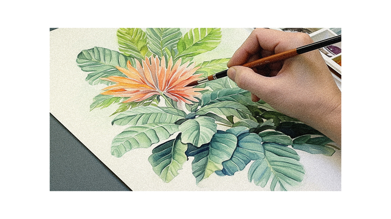 A person is painting a watercolor painting of a tropical plant.