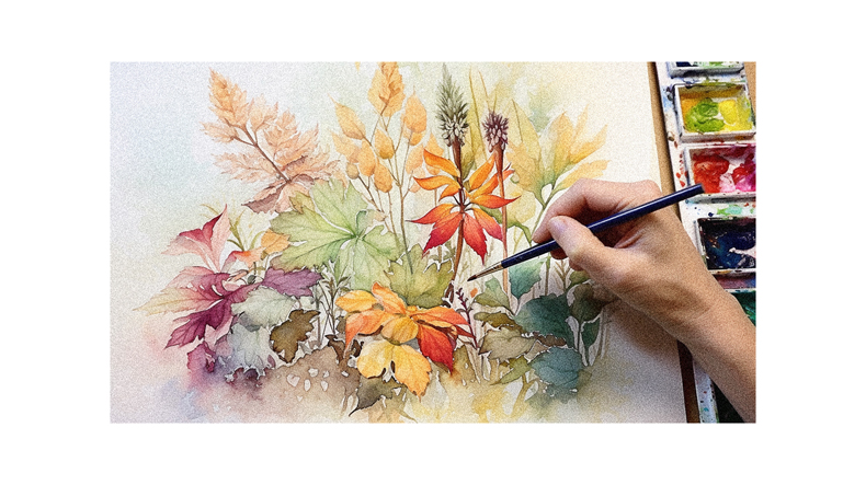A person is painting a watercolor painting of autumn leaves.