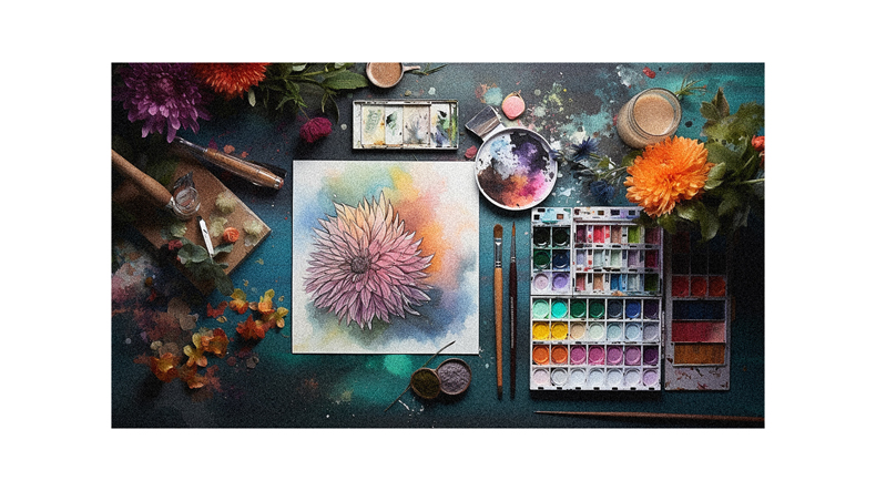 A set of watercolor paints, brushes, and other supplies on a table.