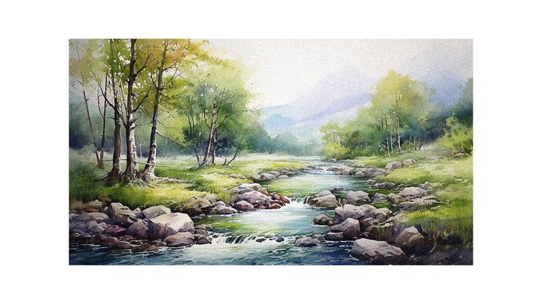 A watercolor painting of a stream in a forest.