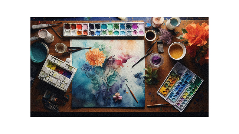 A watercolor painting on a table with paints and brushes.