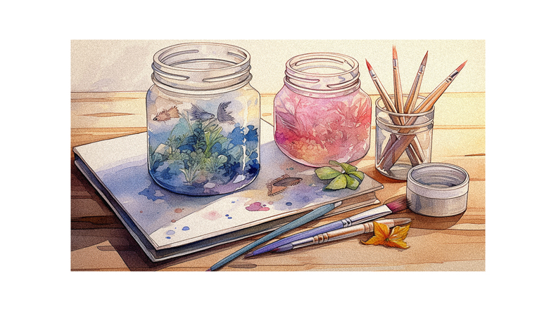 A watercolor painting of a mason jar with paint and brushes.