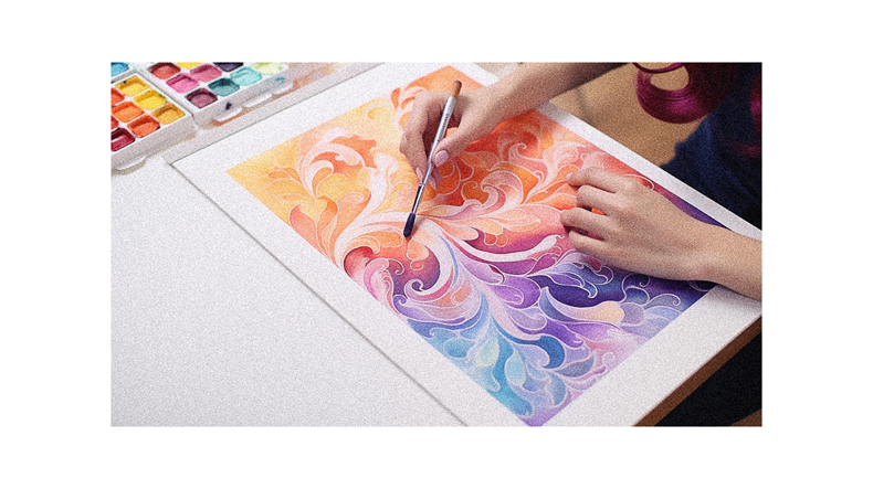 A woman is painting with watercolors on a piece of paper.