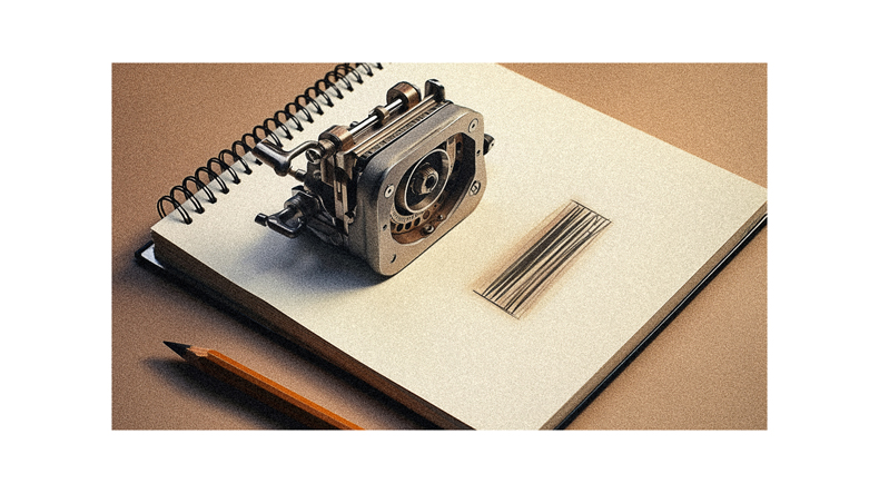 A 3d model of a camera on a notebook.