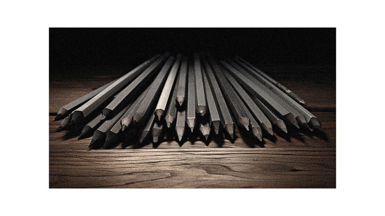 A pile of metal rods on a wooden table.