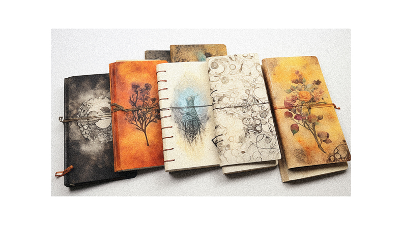 A set of notebooks with different designs on them.