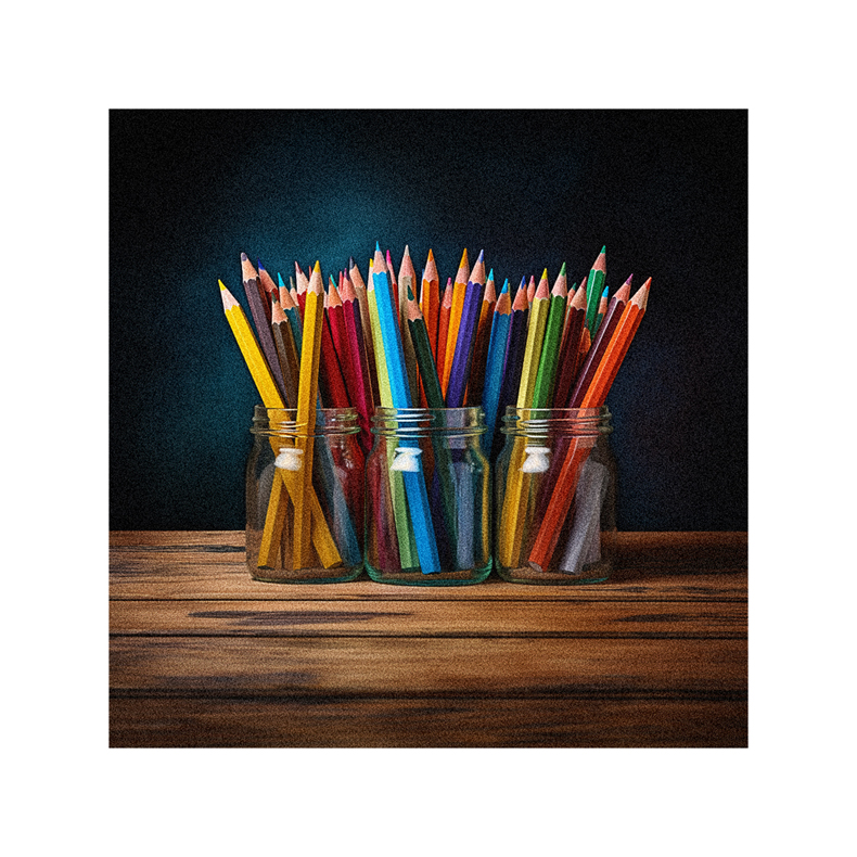 A group of colored pencils in jars on a wooden table.